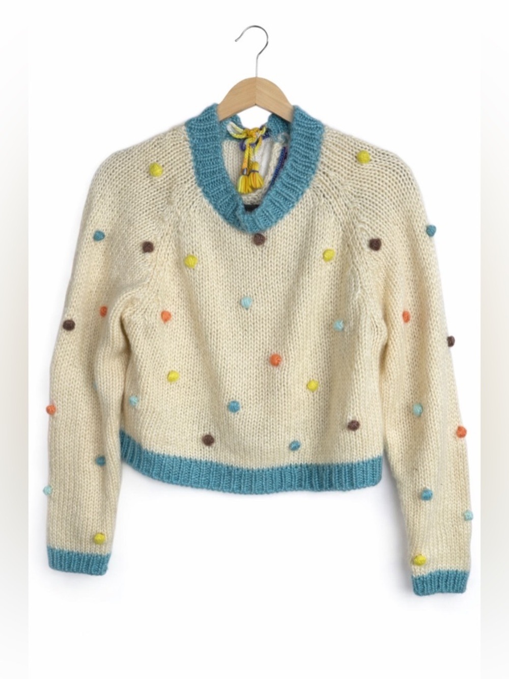 Kimchi Blue Cream Pom-Pom V-Neck Sweater with Blue Trim XS Boho Indie Cozy Chic